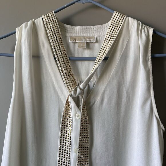 Michael Kors Gold Front Tie Sleeveless Top Button Up Blouse Women Sz Small White - Picture 6 of 12